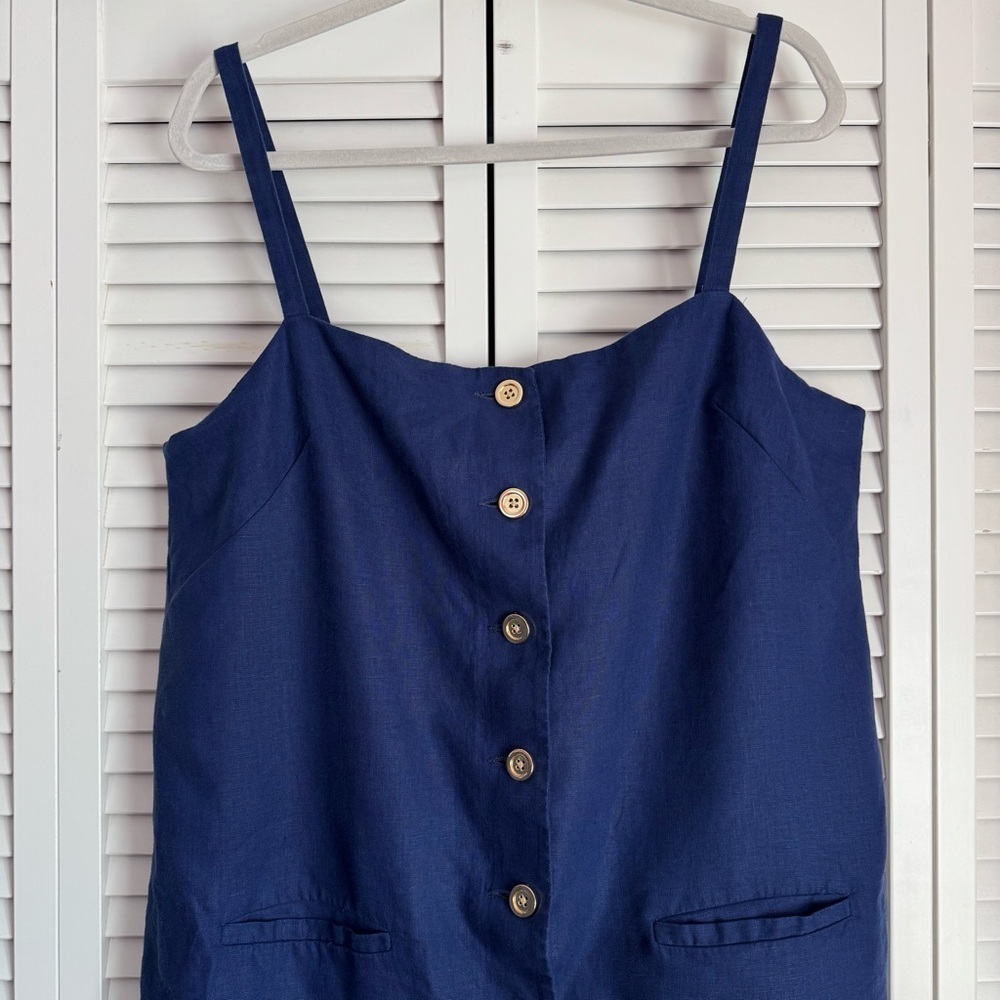 J.Crew Claudia Linen Navy Dress Buttons Front Straps Tennis Prep Large Tall - Picture 4 of 11